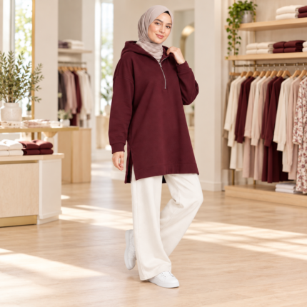 Hoodie Femme Long 100 % Coton à Capuche et Demi-Zip – Coupe Ample